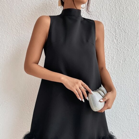 . Dresses & Skirts - Black Preppy Womens Stand Neck Fuzzy Trim Dress